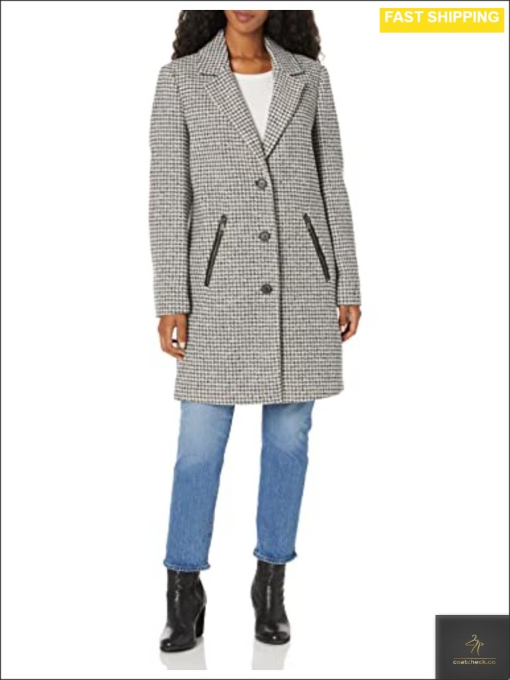Houndstooth Wool Blazer Jacket Collared Button Zip Pockets